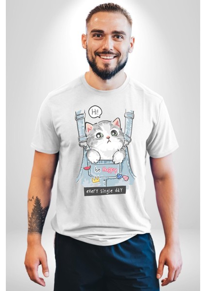 Yavru Kedi Her Yalnız Gün Kadın Erkek Ön Baskılı Beyaz Pamuklu Tişört Penye Klasik fırsatları