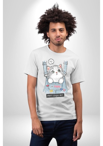Yavru Kedi Her Yalnız Gün Kadın Erkek Ön Baskılı Beyaz Pamuklu Tişört Penye Klasik indirimleri