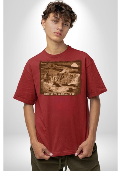 Badlands Ulusak Park Amerika Kadın Erkek Ön Baskılı Kırmızı Pamuklu Tişört Penye Klasik