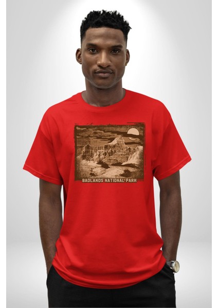 Badlands Ulusak Park Amerika Kadın Erkek Ön Baskılı Kırmızı Pamuklu Tişört Penye Klasik modelleri