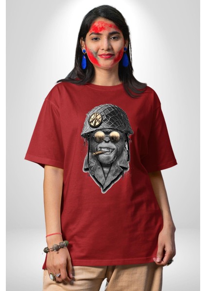 Barış Askeri Gözlüklü Goril Kadın Erkek Ön Baskılı Kırmızı Pamuklu Tişört Penye Klasik