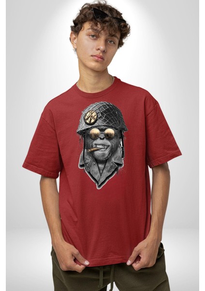 Barış Askeri Gözlüklü Goril Kadın Erkek Ön Baskılı Kırmızı Pamuklu Tişört Penye Klasik modelleri