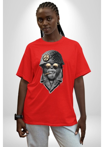 Barış Askeri Gözlüklü Goril Kadın Erkek Ön Baskılı Kırmızı Pamuklu Tişört Penye Klasik fırsatları