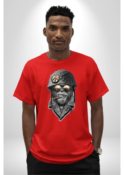 Barış Askeri Gözlüklü Goril Kadın Erkek Ön Baskılı Kırmızı Pamuklu Tişört Penye Klasik indirimleri