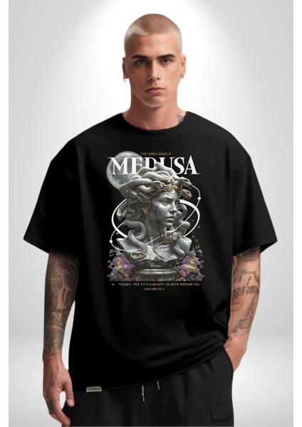 Yunan Mitolojisi Taşa Çeviren Medusa Kadın Erkek Ön Baskılı Siyah Pamuklu Tişört Penye Klasik fiyatları