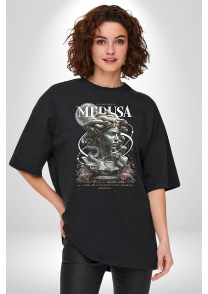 Yunan Mitolojisi Taşa Çeviren Medusa Kadın Erkek Ön Baskılı Siyah Pamuklu Tişört Penye Klasik modelleri