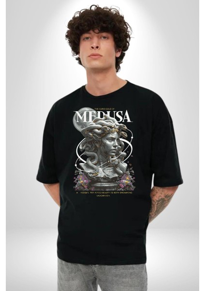 Yunan Mitolojisi Taşa Çeviren Medusa Kadın Erkek Ön Baskılı Siyah Pamuklu Tişört Penye Klasik fırsatları