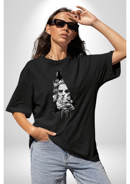 Kuru Kafa Heykel Üçgen Sanatsal Kadın Erkek Ön Baskılı Siyah Pamuklu Tişört Penye Klasik modelleri