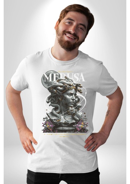 Yunan Mitolojisi Taşa Çeviren Medusa Kadın Erkek Ön Baskılı Beyaz Pamuklu Tişört Penye Klasik