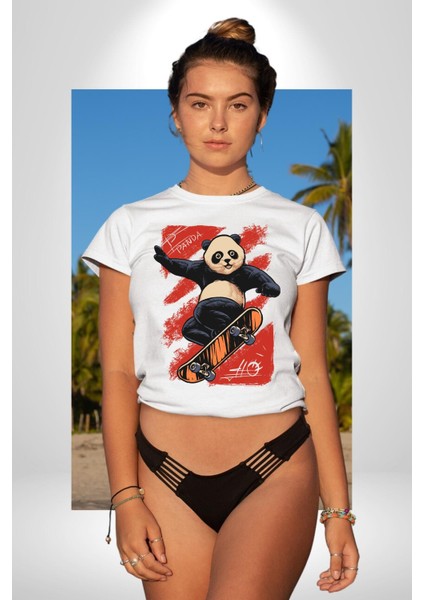 Kaykaycı Havalı Panda Kadın Erkek Ön Baskılı Beyaz Pamuklu Tişört Penye Klasik