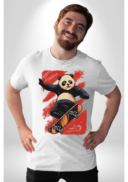 Kaykaycı Havalı Panda Kadın Erkek Ön Baskılı Beyaz Pamuklu Tişört Penye Klasik fiyatları