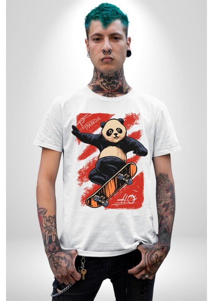 Kaykaycı Havalı Panda Kadın Erkek Ön Baskılı Beyaz Pamuklu Tişört Penye Klasik fırsatları