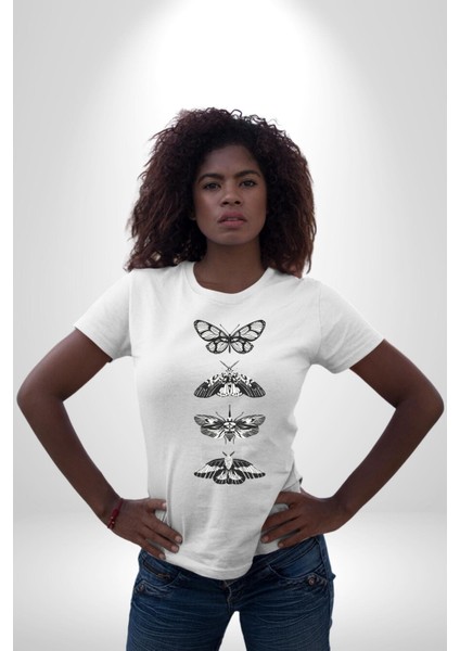 Kelebek Oluşumu Kozadan Kelebeğe Kadın Erkek Ön Baskılı Beyaz Pamuklu Tişört Penye Klasik
