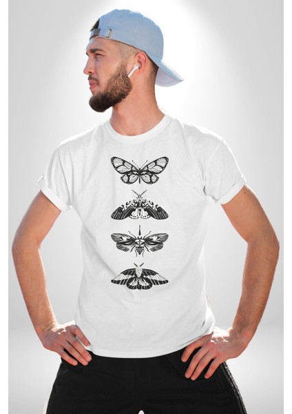 Kelebek Oluşumu Kozadan Kelebeğe Kadın Erkek Ön Baskılı Beyaz Pamuklu Tişört Penye Klasik fiyatları