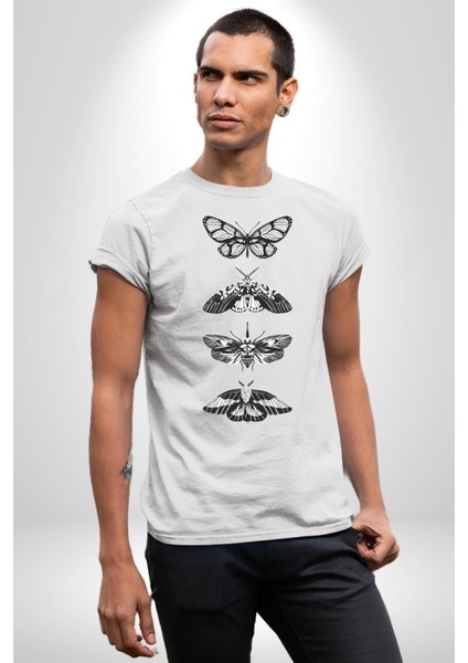 Kelebek Oluşumu Kozadan Kelebeğe Kadın Erkek Ön Baskılı Beyaz Pamuklu Tişört Penye Klasik modelleri