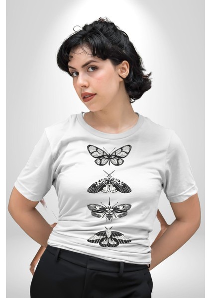 Kelebek Oluşumu Kozadan Kelebeğe Kadın Erkek Ön Baskılı Beyaz Pamuklu Tişört Penye Klasik indirimleri