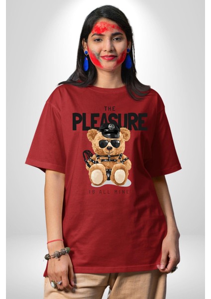 Polis Tatlı Oyuncak Ayı Kadın Erkek Ön Baskılı Kırmızı Pamuklu Tişört Penye Klasik