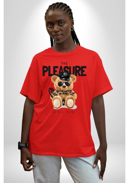 Polis Tatlı Oyuncak Ayı Kadın Erkek Ön Baskılı Kırmızı Pamuklu Tişört Penye Klasik fırsatları