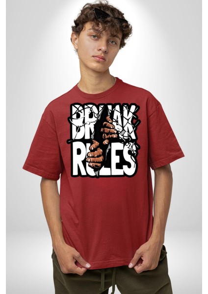 Kuralları Boz Düzene Karşı Çık Kadın Erkek Ön Baskılı Kırmızı Pamuklu Tişört Penye Klasik