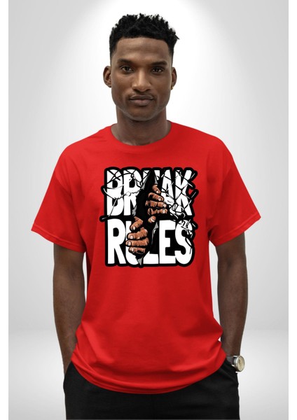 Kuralları Boz Düzene Karşı Çık Kadın Erkek Ön Baskılı Kırmızı Pamuklu Tişört Penye Klasik modelleri
