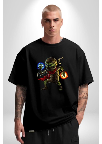 Büyücü Mumya Karakter Kadın Erkek Ön Baskılı Siyah Pamuklu Tişört Penye Klasik