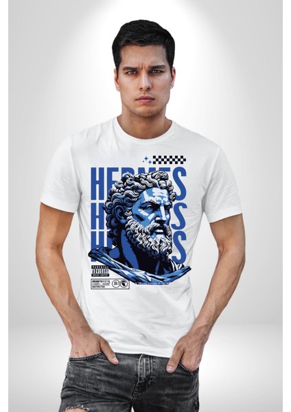 Yunan Tanrısı Yunan Efsanesi Kadın Erkek Ön Baskılı Beyaz Pamuklu Tişört Penye Klasik