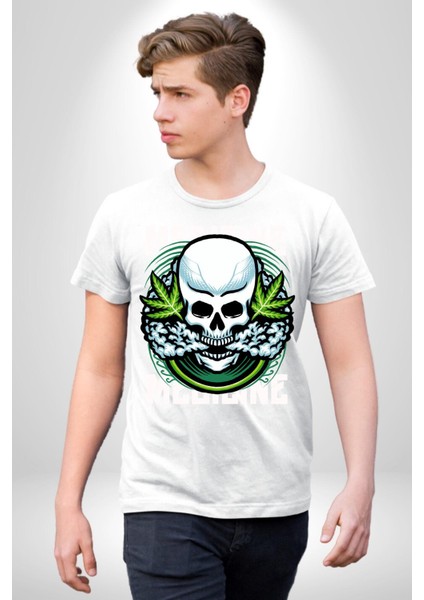 Ölü Cadılar Bayramı Kurukafa Kadın Erkek Ön Baskılı Beyaz Pamuklu Tişört Penye Klasik