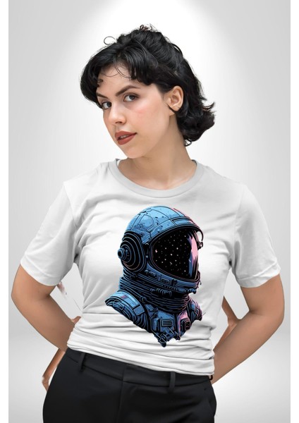 Astronot Uzay Space x Kadın Erkek Ön Baskılı Beyaz Pamuklu Tişört Penye Klasik