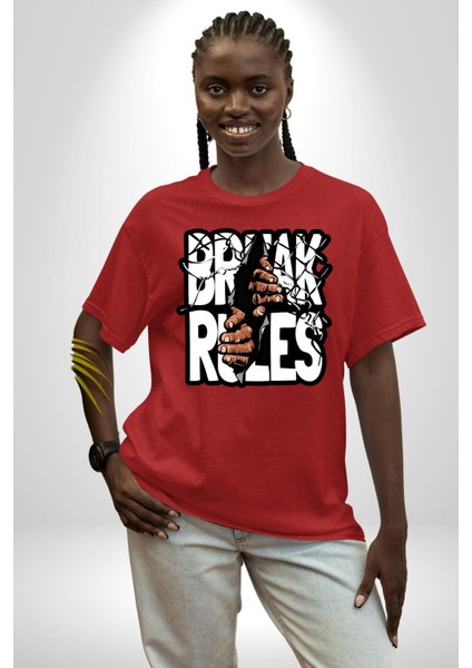 Kuralları Boz Düzene Karşı Çık Kadın Erkek Ön Baskılı Kırmızı Pamuklu Tişört Penye Klasik fırsatları