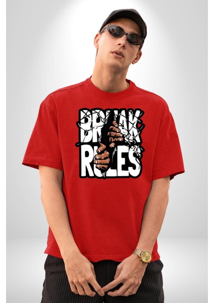 Kuralları Boz Düzene Karşı Çık Kadın Erkek Ön Baskılı Kırmızı Pamuklu Tişört Penye Klasik indirimleri