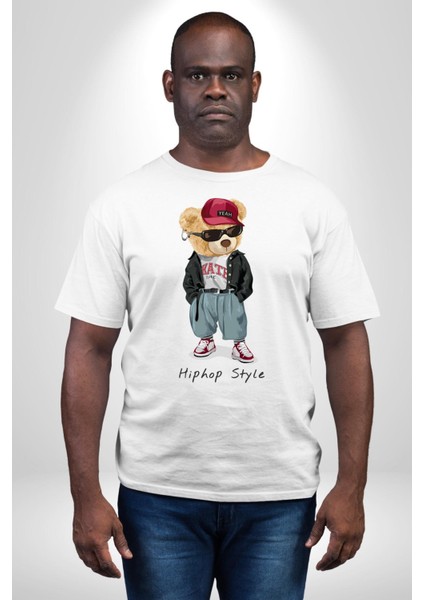 Hip Hop Tarzı Oyuncak Ayı Kadın Erkek Ön Baskılı Beyaz Pamuklu Tişört Penye Klasik fırsatları