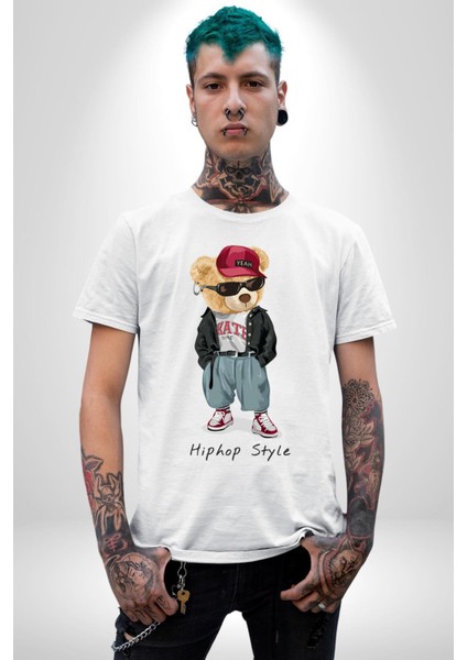 Hip Hop Tarzı Oyuncak Ayı Kadın Erkek Ön Baskılı Beyaz Pamuklu Tişört Penye Klasik indirimleri