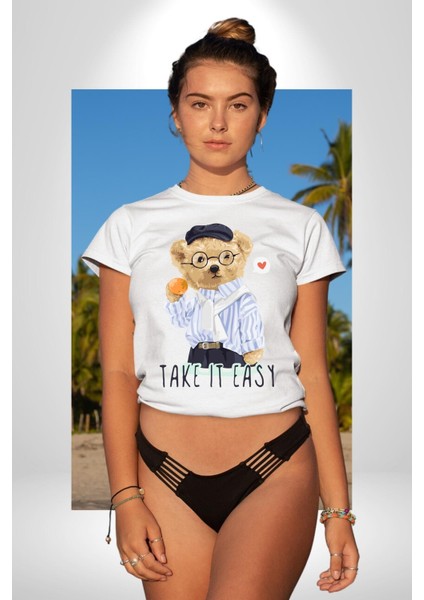 Boşver Oyuncak Tatlı Ayı Kadın Erkek Ön Baskılı Beyaz Pamuklu Tişört Penye Klasik