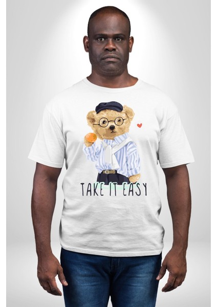 Boşver Oyuncak Tatlı Ayı Kadın Erkek Ön Baskılı Beyaz Pamuklu Tişört Penye Klasik modelleri