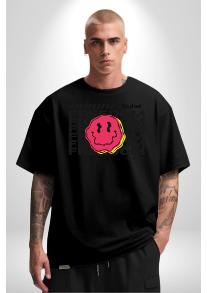 Özgürlük Gülen Surat Kadın Erkek Ön Baskılı Siyah Pamuklu Tişört Penye Klasik