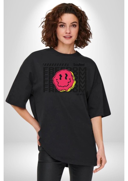 Özgürlük Gülen Surat Kadın Erkek Ön Baskılı Siyah Pamuklu Tişört Penye Klasik modelleri