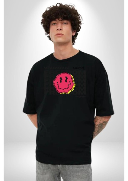 Özgürlük Gülen Surat Kadın Erkek Ön Baskılı Siyah Pamuklu Tişört Penye Klasik fırsatları