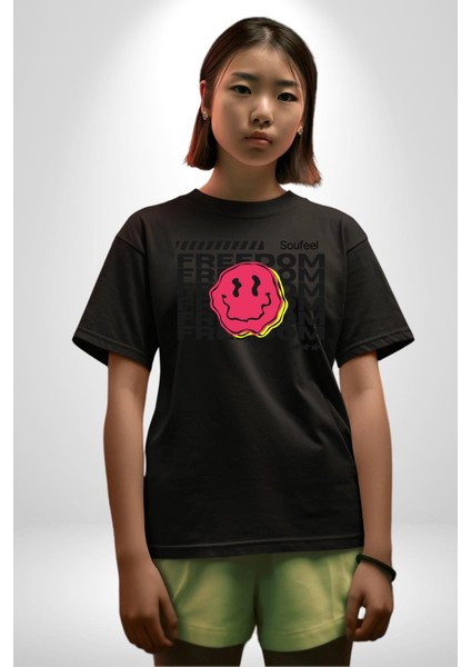 Özgürlük Gülen Surat Kadın Erkek Ön Baskılı Siyah Pamuklu Tişört Penye Klasik indirimleri