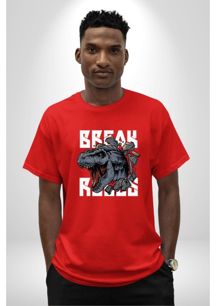 Dinozor Duvardan Çıkan Trex Eski Çağ Kadın Erkek Ön Baskılı Kırmızı Pamuklu Tişört Penye Klasik fiyatları