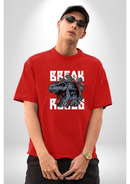 Dinozor Duvardan Çıkan Trex Eski Çağ Kadın Erkek Ön Baskılı Kırmızı Pamuklu Tişört Penye Klasik fırsatları