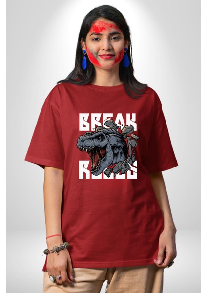 Dinozor Duvardan Çıkan Trex Eski Çağ Kadın Erkek Ön Baskılı Kırmızı Pamuklu Tişört Penye Klasik indirimleri