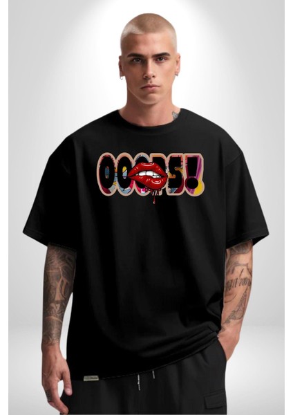 Sexy Dudak Ups Kadın Erkek Ön Baskılı Siyah Pamuklu Tişört Penye Klasik