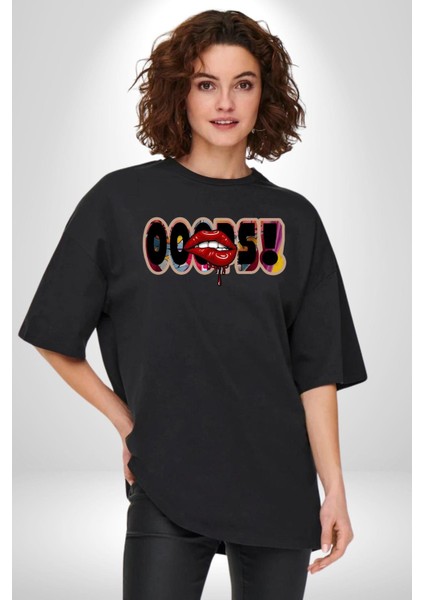 Sexy Dudak Ups Kadın Erkek Ön Baskılı Siyah Pamuklu Tişört Penye Klasik fiyatları