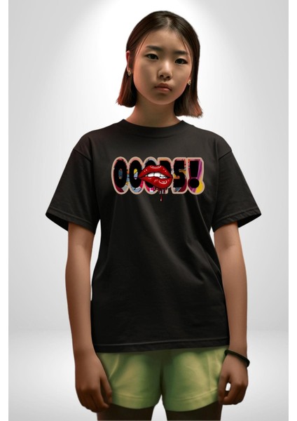 Sexy Dudak Ups Kadın Erkek Ön Baskılı Siyah Pamuklu Tişört Penye Klasik modelleri