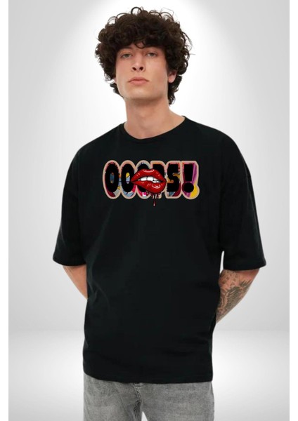 Sexy Dudak Ups Kadın Erkek Ön Baskılı Siyah Pamuklu Tişört Penye Klasik fırsatları