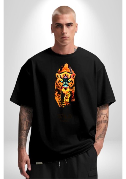 Modern Kaplan Techno Tarzı Kadın Erkek Ön Baskılı Siyah Pamuklu Tişört Penye Klasik