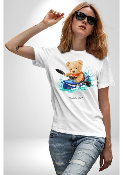 Kanocu Tatlı Oyuncak Ayı Kadın Erkek Ön Baskılı Beyaz Pamuklu Tişört Penye Klasik modelleri