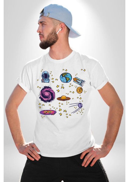 Uzay Evrensel Yıldızlar Gezegenler Kadın Erkek Ön Baskılı Beyaz Pamuklu Tişört Penye Klasik