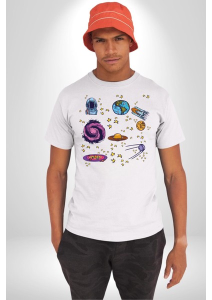 Uzay Evrensel Yıldızlar Gezegenler Kadın Erkek Ön Baskılı Beyaz Pamuklu Tişört Penye Klasik fiyatları