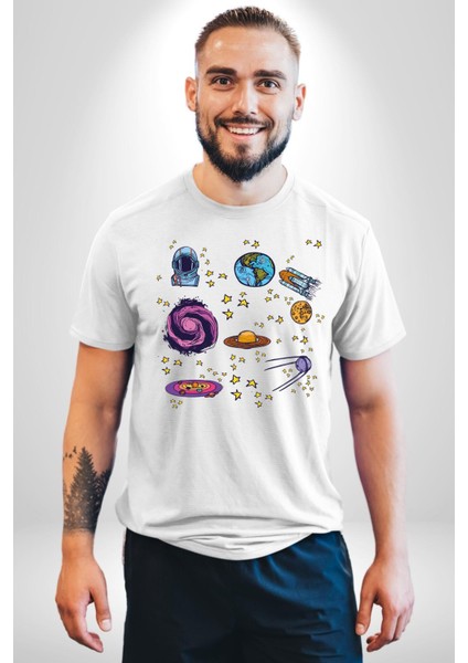 Uzay Evrensel Yıldızlar Gezegenler Kadın Erkek Ön Baskılı Beyaz Pamuklu Tişört Penye Klasik modelleri